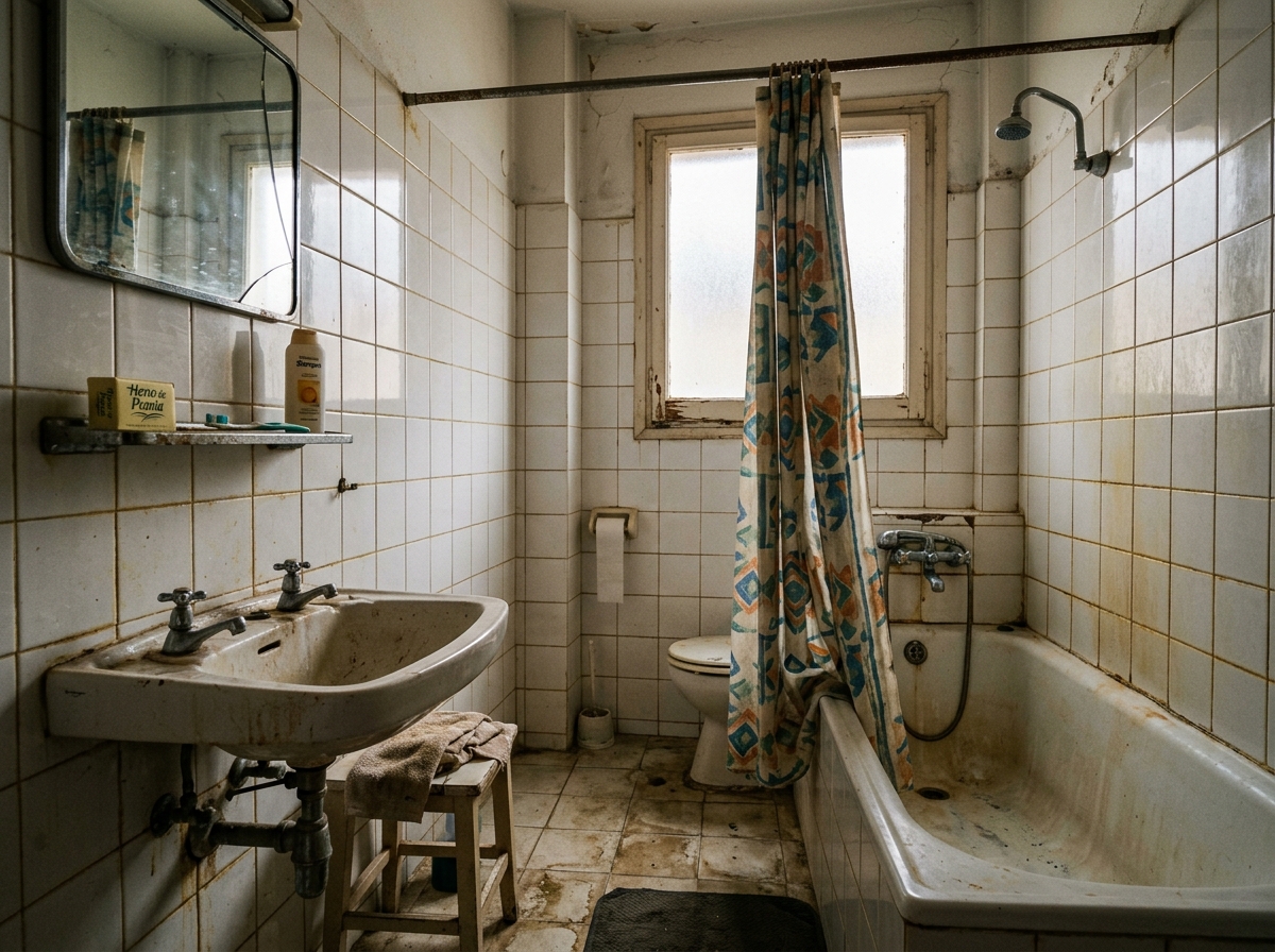 Baño con alicatado original de los años 90, azulejo pequeño y juntas amarilleadas