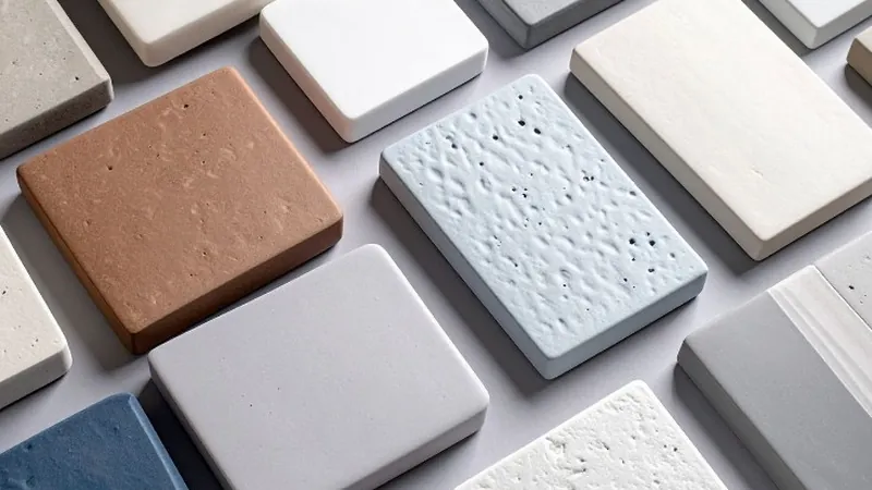 Muestrario de materiales de construcción: ladrillos y baldosas cerámicas para clima cálido