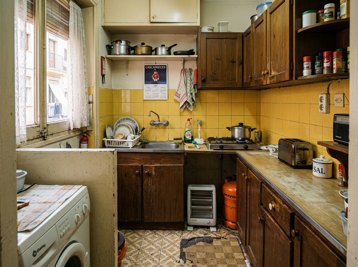 Cocina y baño originales de los años 80 sin reformar, azulejo amarillo y muebles desgastados