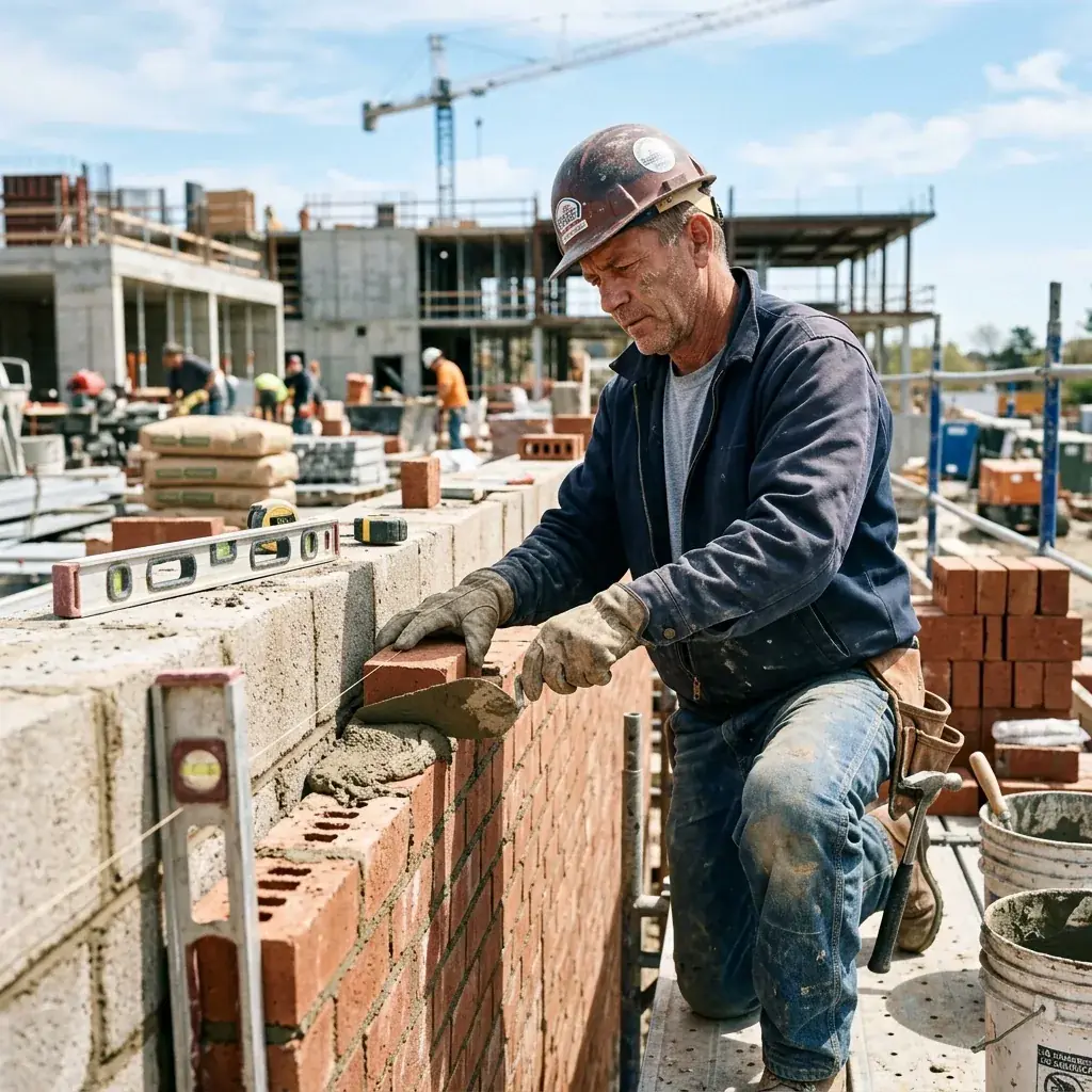 Albañil realizando trabajos de tabiquería en una vivienda de Murcia