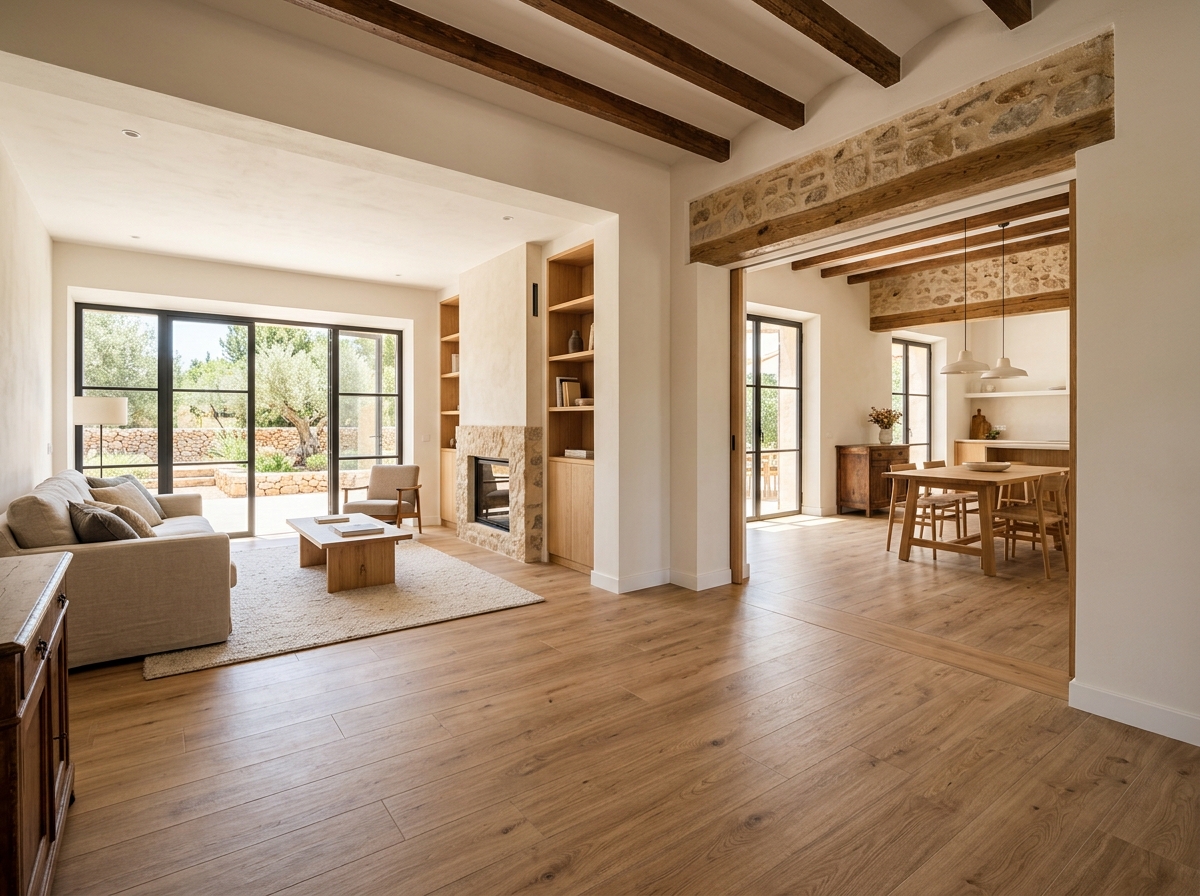 Salón con nueva tarima porcelánica gran formato imitación madera, junta mínima y sin desniveles